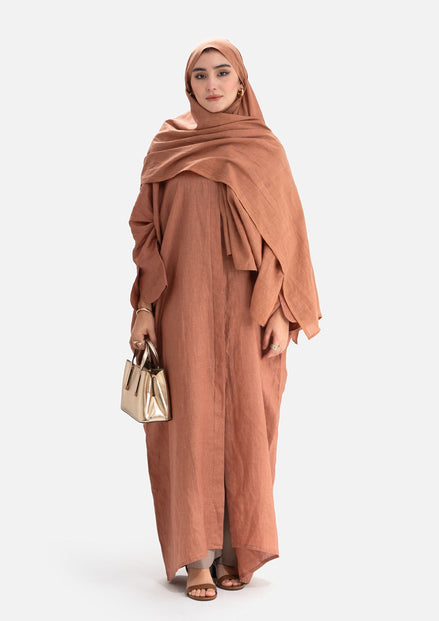 Linen Abaya Front Open - Light Brown
