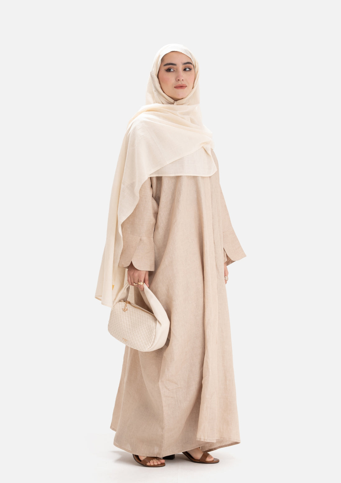 Linen Abaya Front Open - Beige