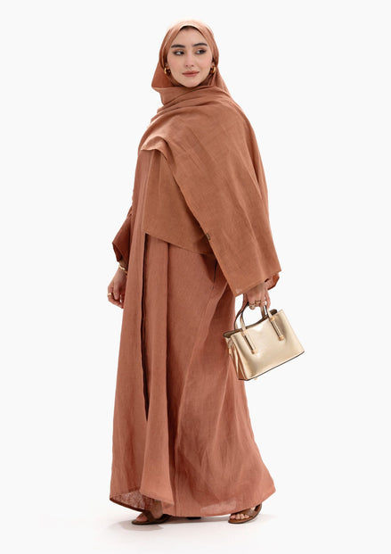 Linen Abaya Front Open - Light Brown