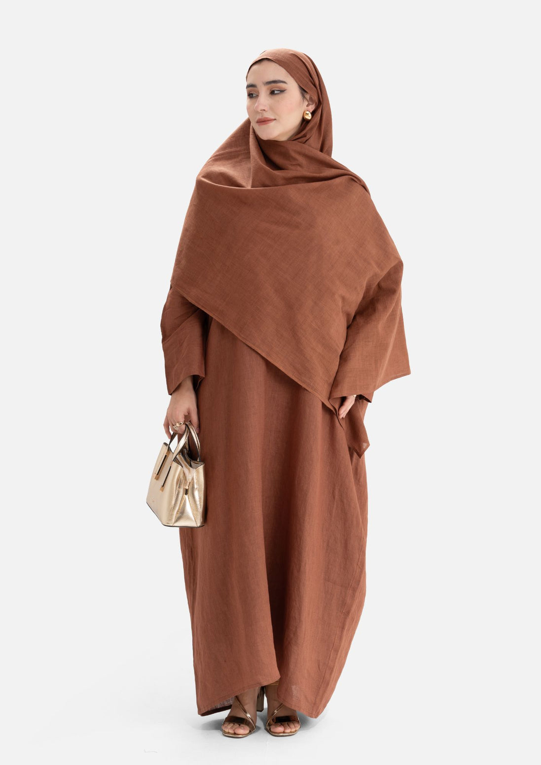 Linen Abaya Front Closed - Brown