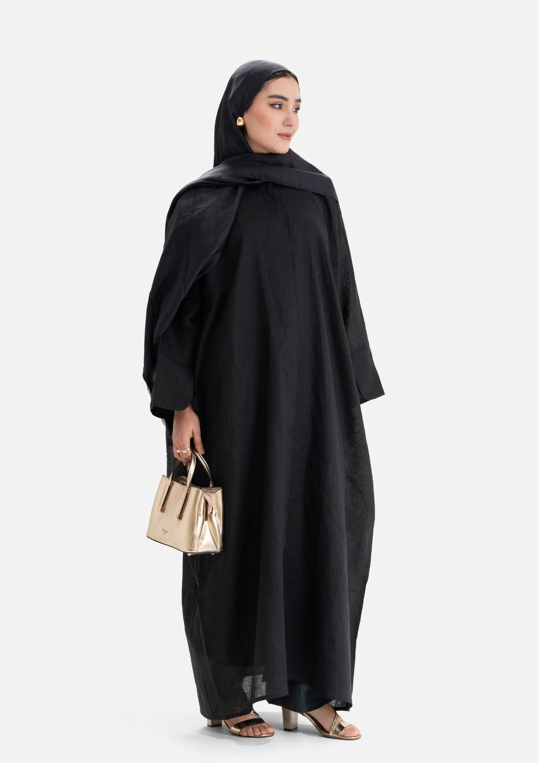 Linen Abaya Front Open - Black