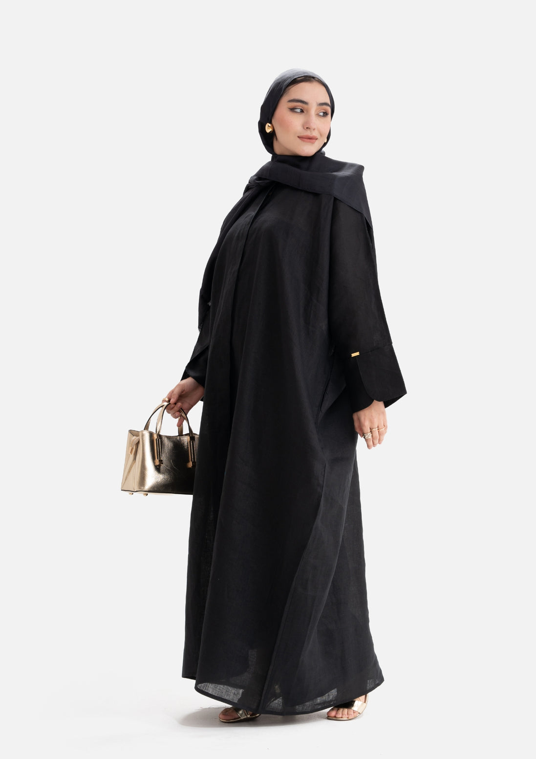 Linen Abaya Front Open - Black