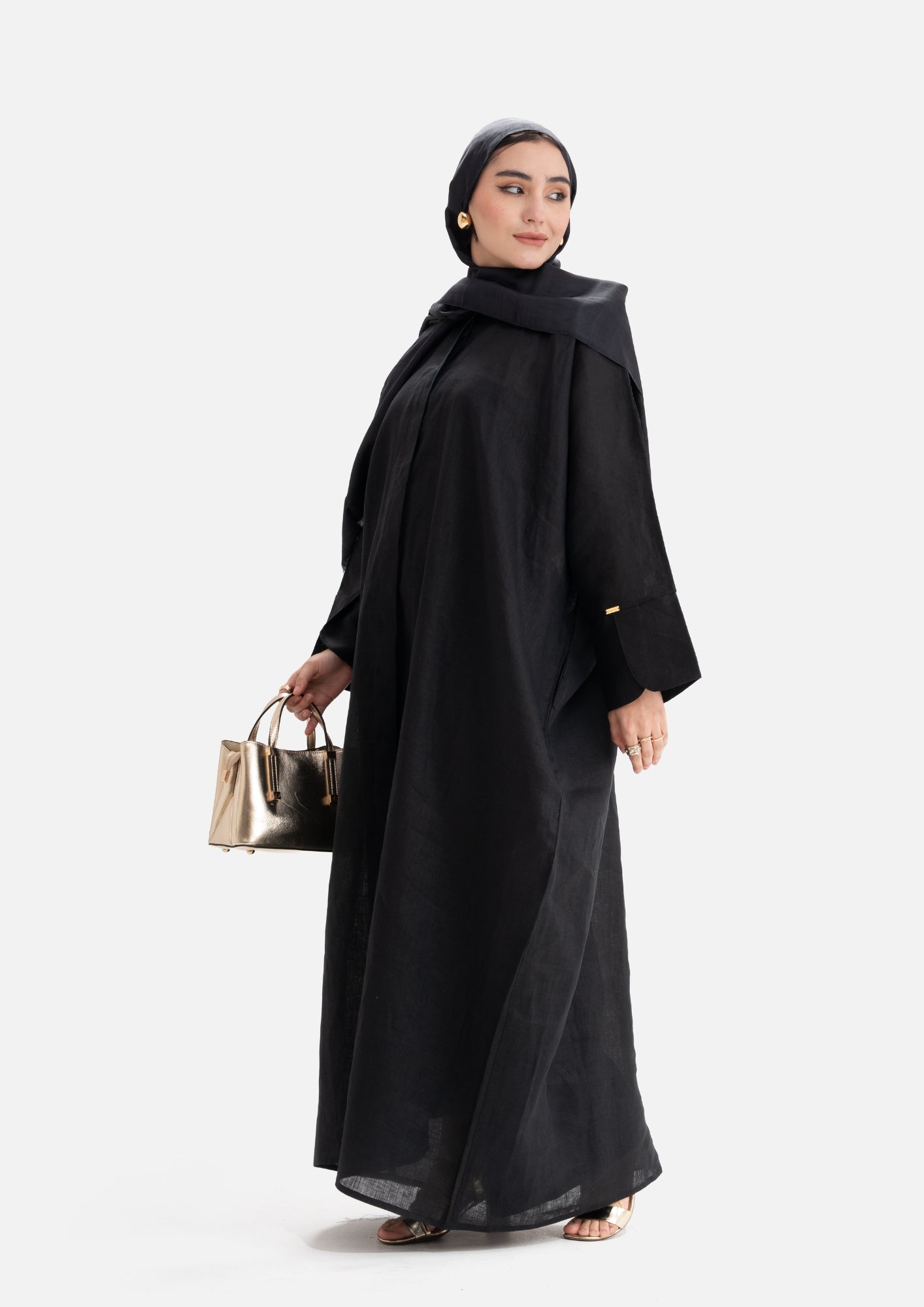 Linen Abaya Front Open - Black