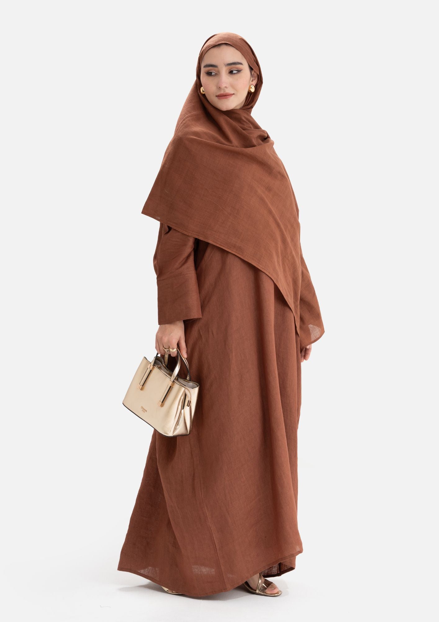 Linen Abaya Front Closed - Brown