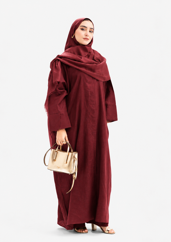 Linen Abaya, Front Open – Burgundy
